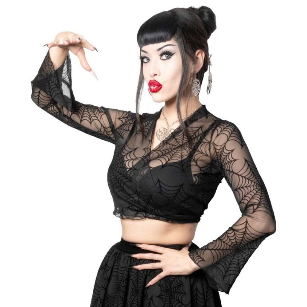 Spiderweb Mesh Tie Top Front or Back Long Bell Sleeves S-M L-XL 2XL-3XL NWT